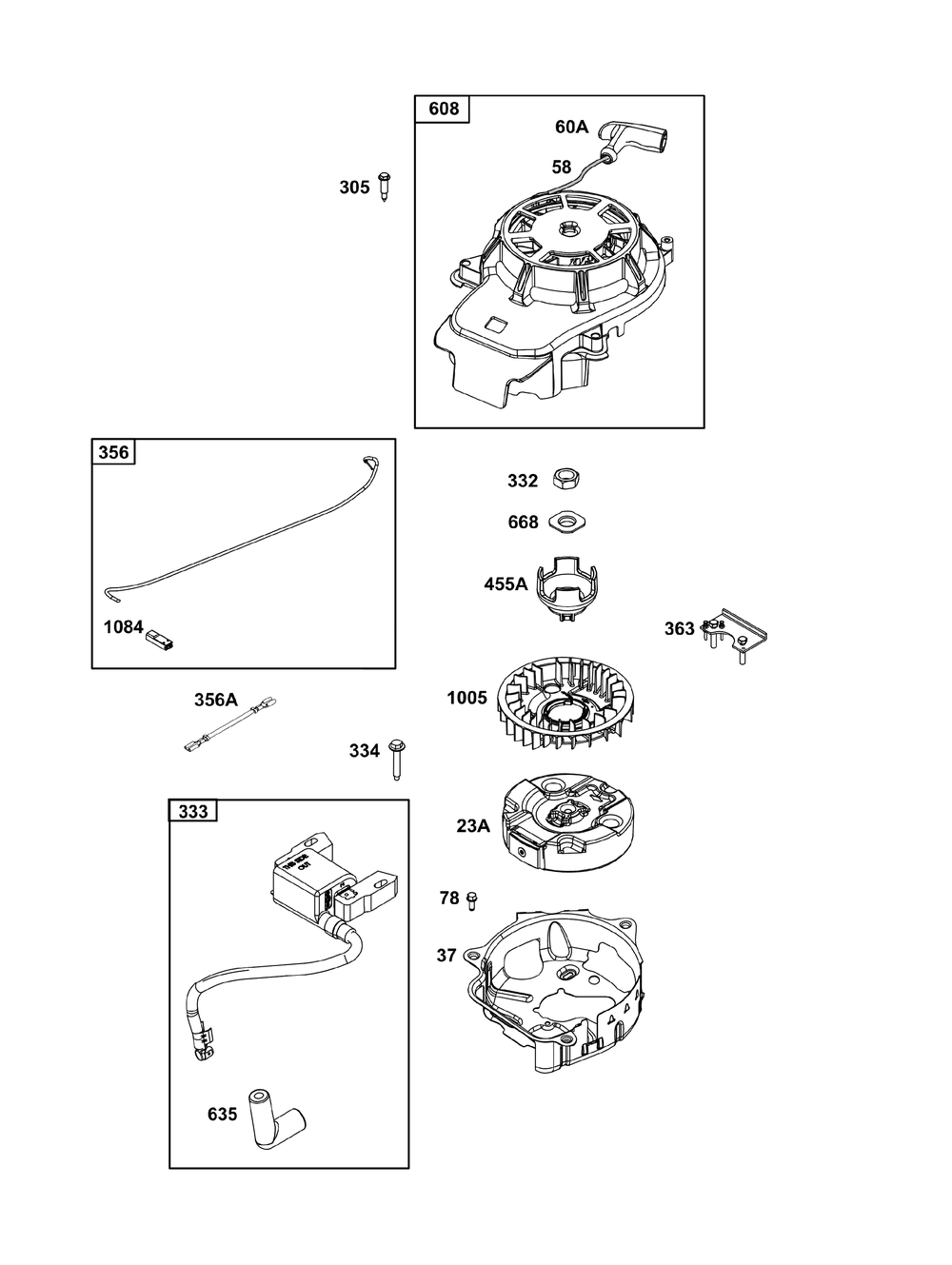 Flywheel, Ignition, And Starter Group Diagram and Parts List for 103M02-0107-F1 100000 - 19Z999 Briggs and Stratton Engine